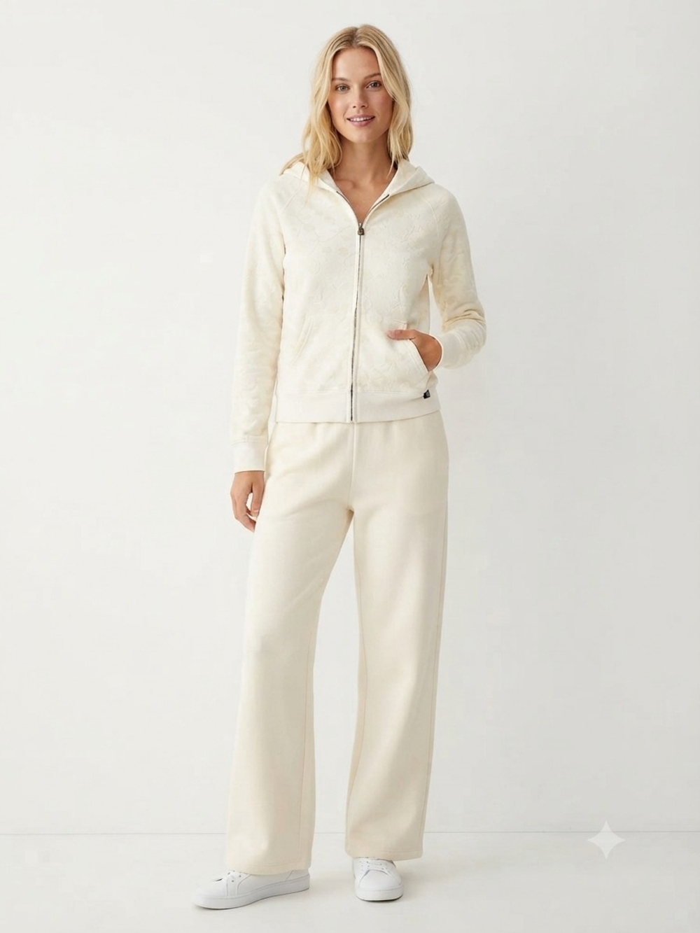 Aritzia TNA  Cream Floral Embossed Zip-Up Hoodie Jacket tag as a Large